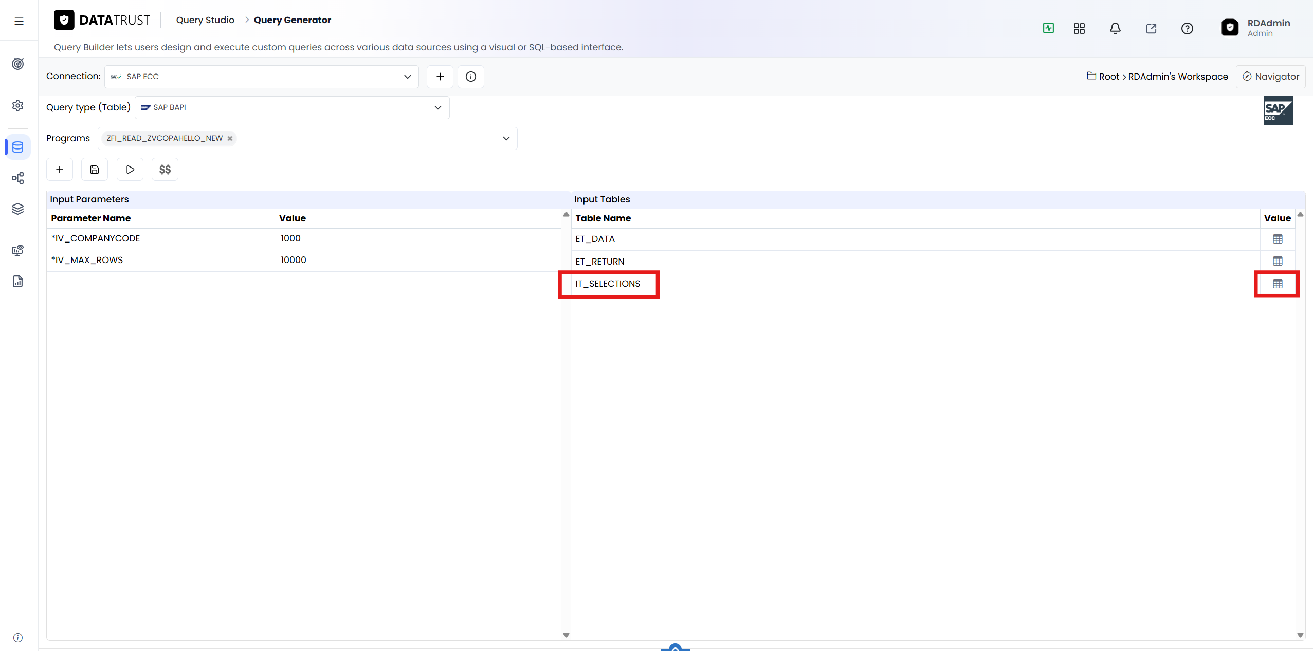 Opening the IT_SELECTIONS input table (via the grid icon) to define selection criteria for the BAPI.