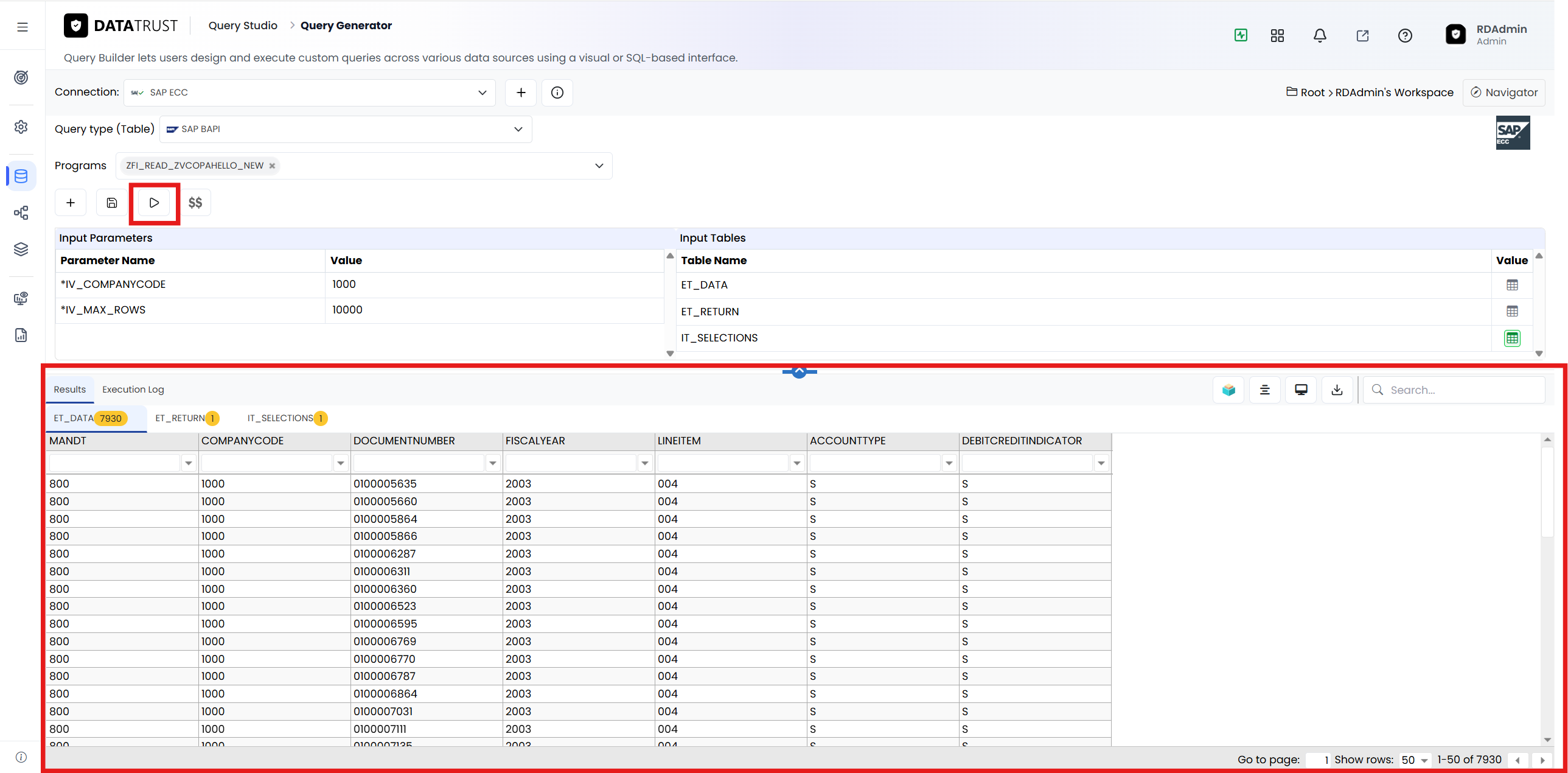 Executing the BAPI (Run). The Results panel returns ET_DATA (7930 rows) for fiscal year 2003, along with ET_RETURN and I