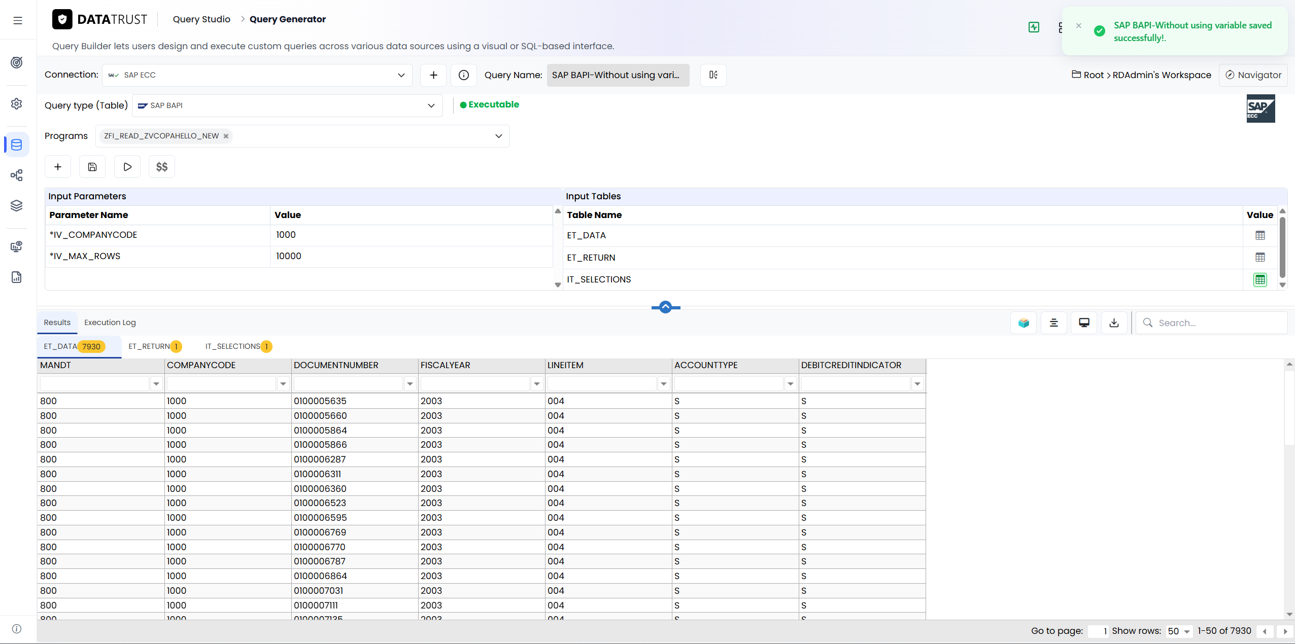 Saving the query as ‘SAP BAPI-Without using variable’; the confirmation toast appears and the Query Version is ‘Executab