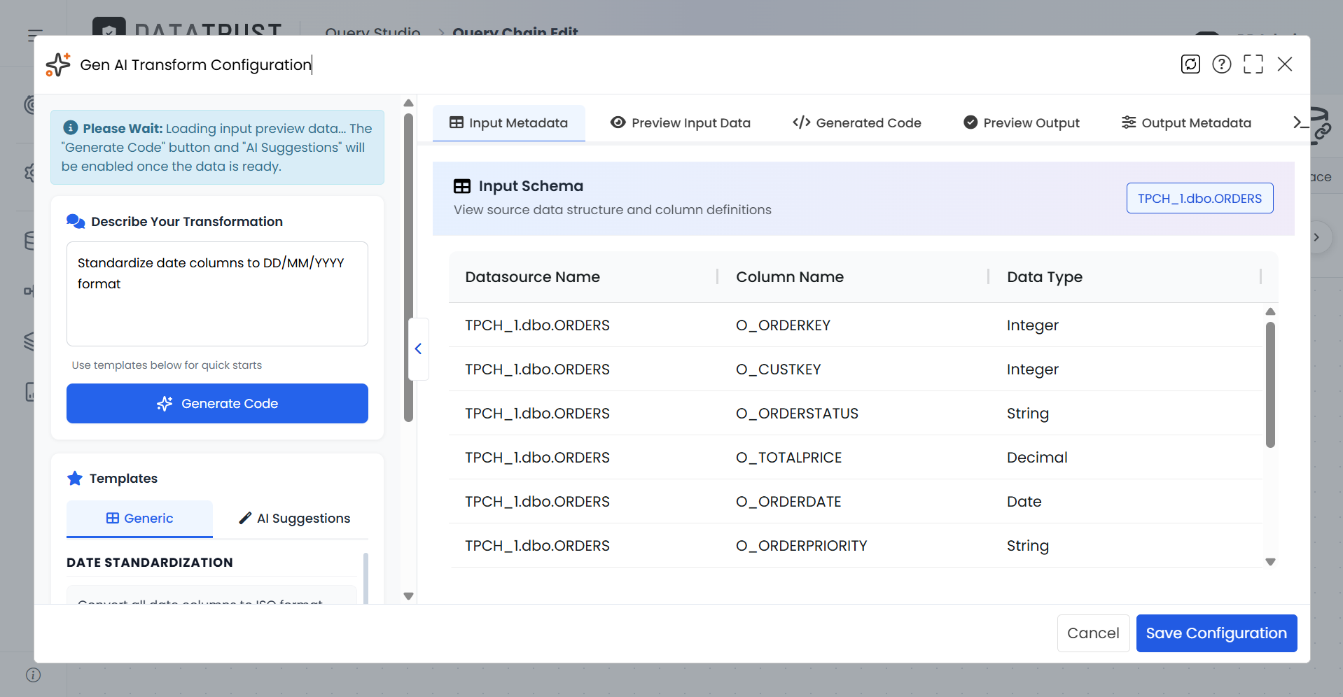 Reopening the Gen AI widget to explore the AI Suggestions feature on Input Metadata.