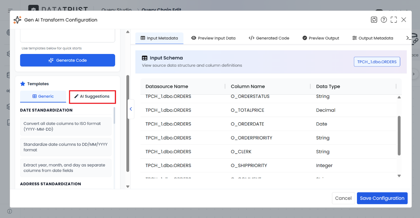 Clicking the AI Suggestions tab to request data-aware prompt suggestions for the ORDERS input.