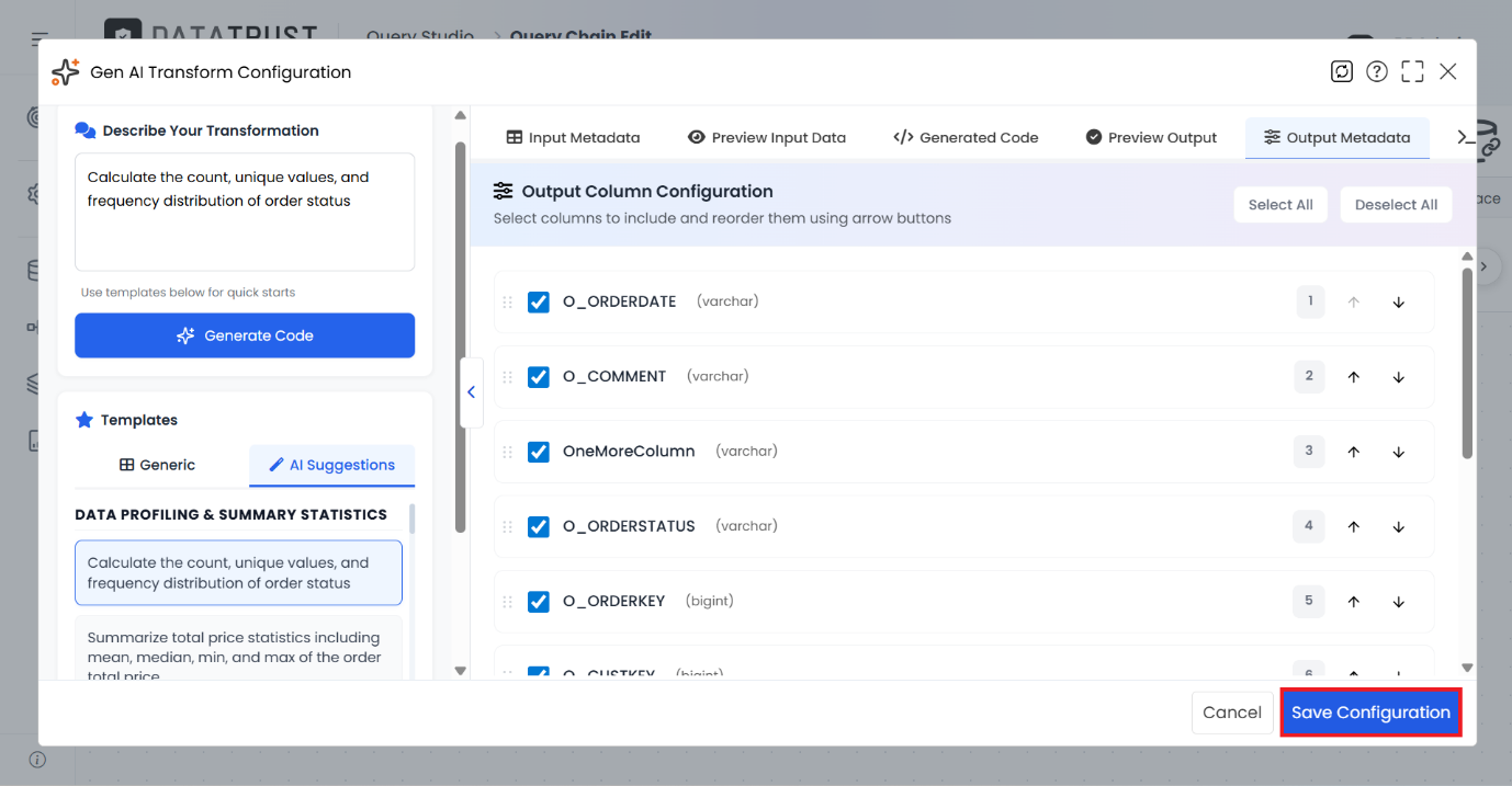Clicking Save Configuration persists the AI-suggested Gen AI transformation.