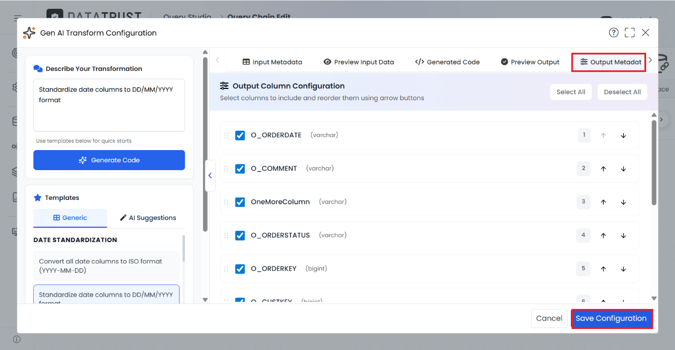 The Output Metadata tab, where output columns can be included, reordered, and saved.