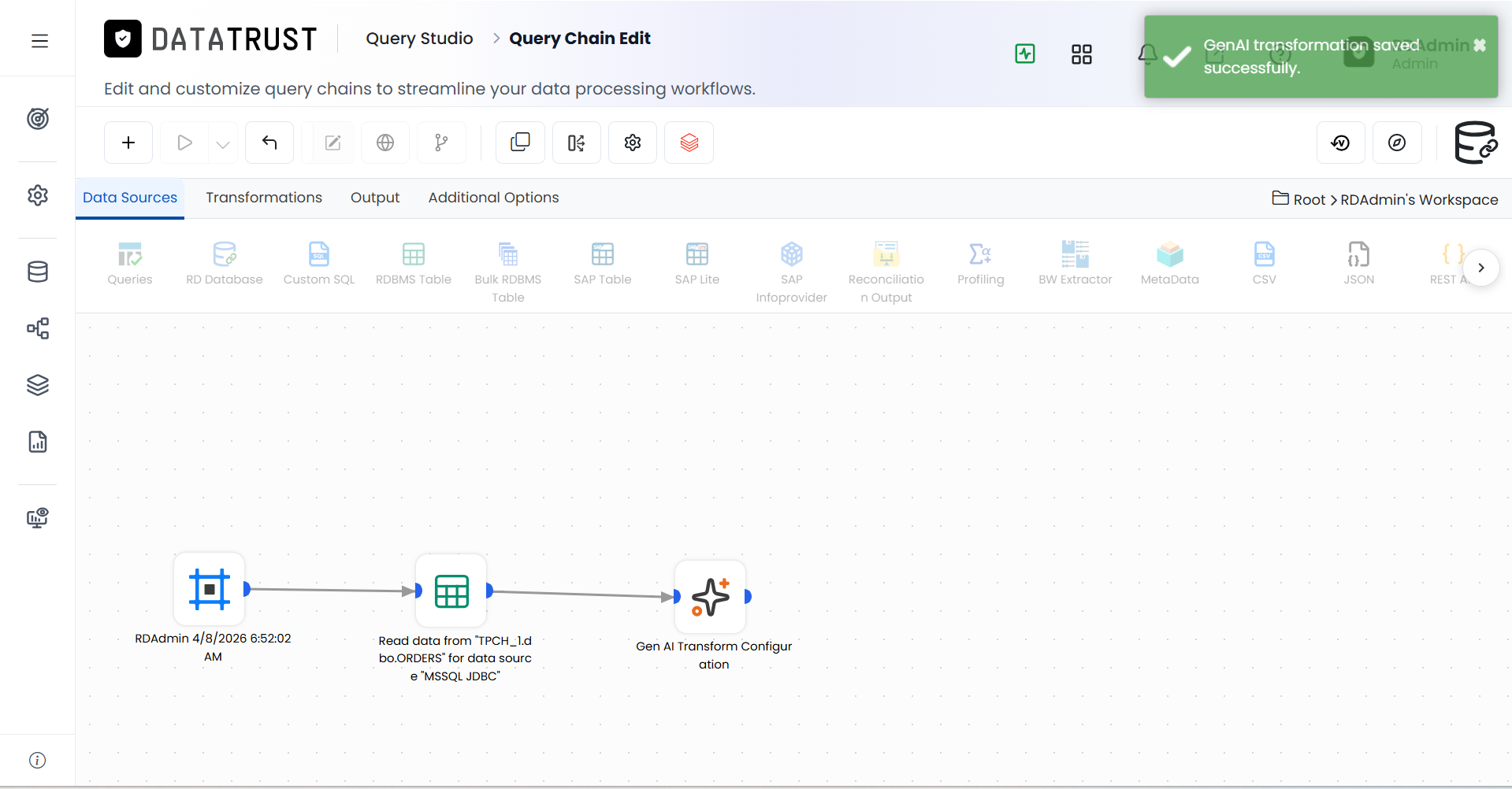 Clicking Save Configuration saves the transformation and returns to the Query Chain session.
