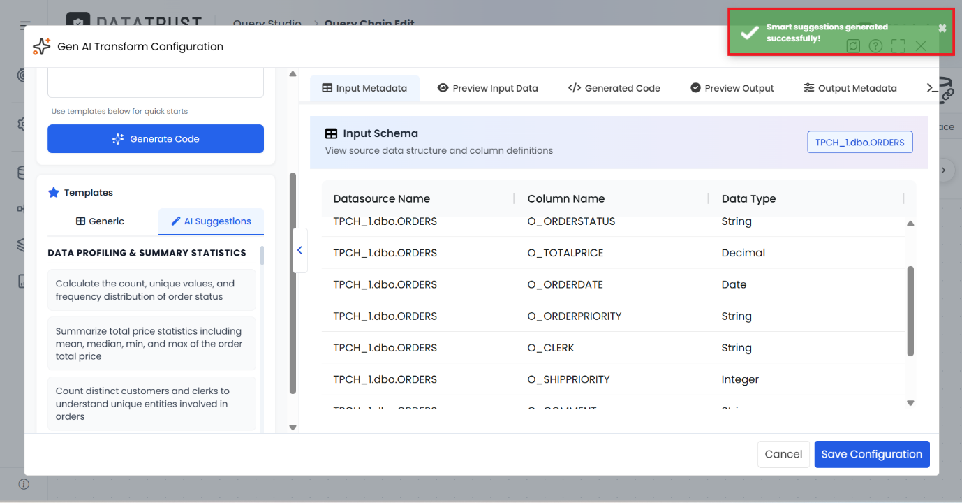 Smart AI suggestions generated for the input data, listed under Data Profiling & Summary Statistics.