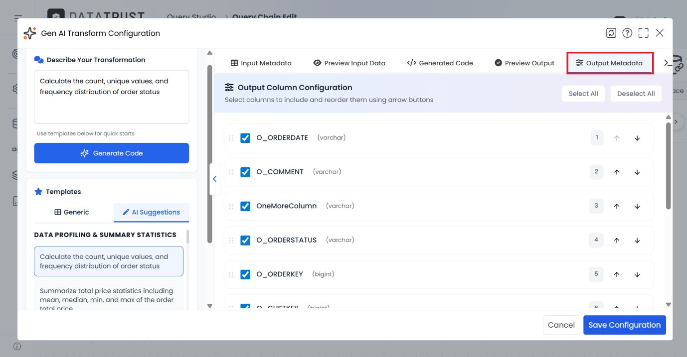 The Output Metadata tab reviewing output column configuration for the AI-suggested transformation.