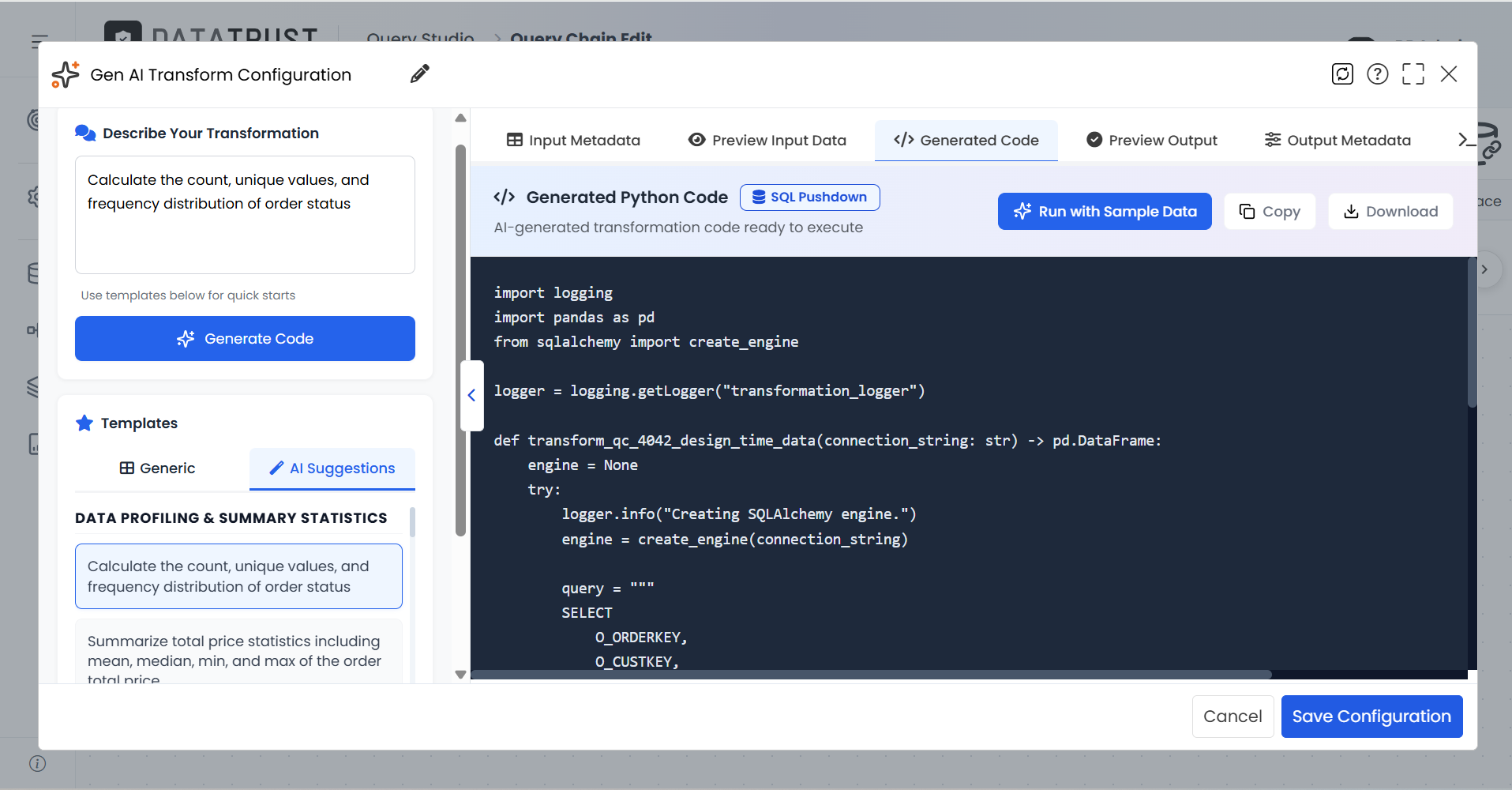 Clicking Generate Code for the AI-suggested prompt produces Python code with SQL Pushdown.