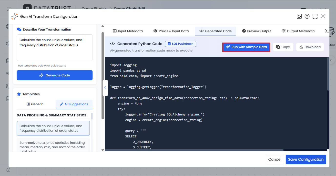 Clicking Run with Sample Data executes the AI-suggested transformation against the sample rows.
