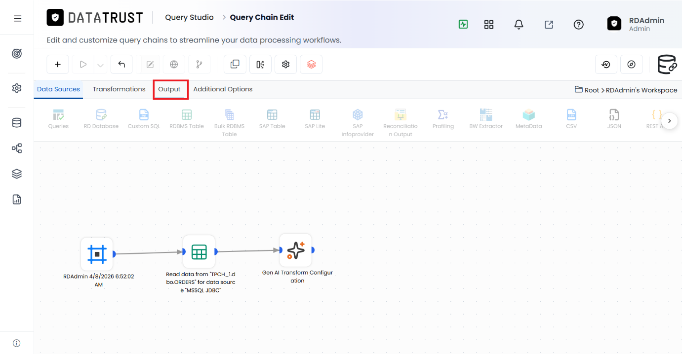 Opening the Output tab to add a destination for the transformed data.