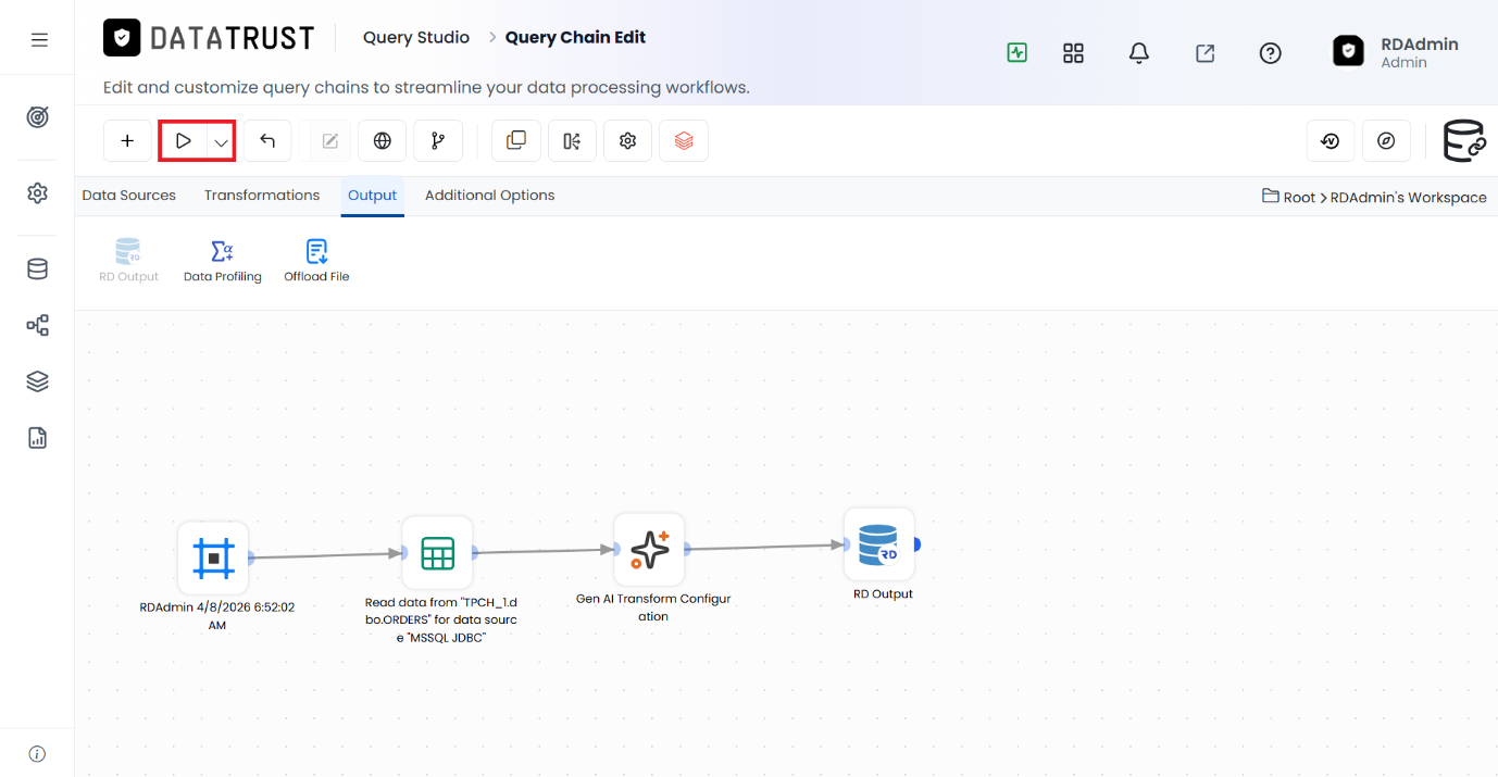 After saving the RD Output widget, clicking Execute to run the full Query Chain.