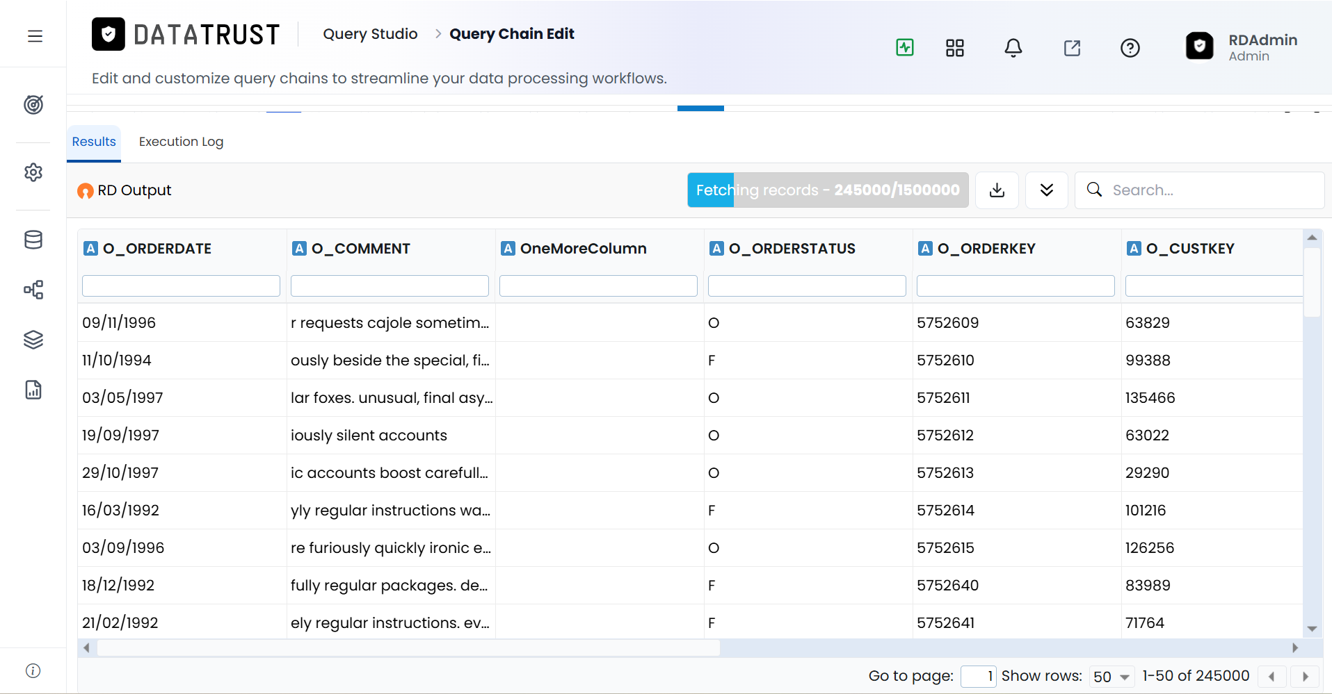 The Results tab showing output data with O_ORDERDATE standardized to DD/MM/YYYY format.