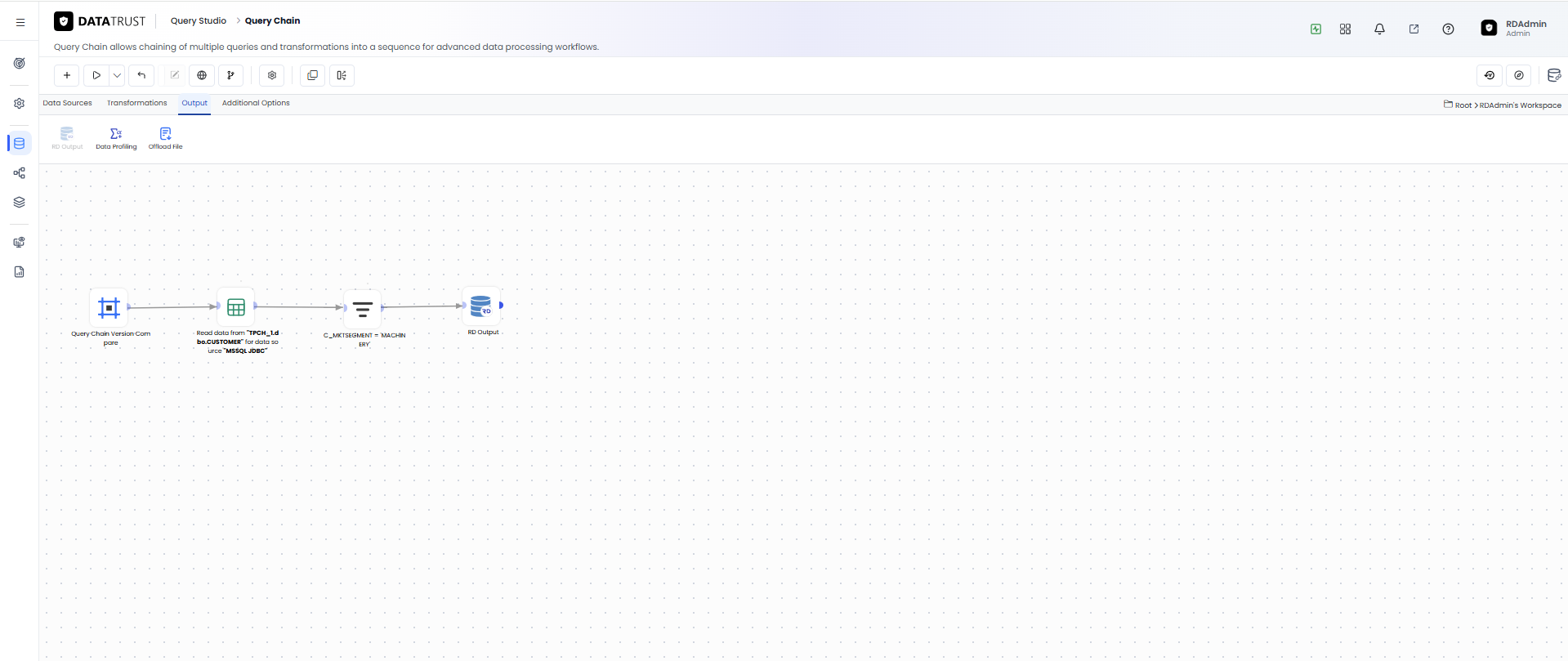 Query Chain canvas showing the starting configuration to be versioned as V1.