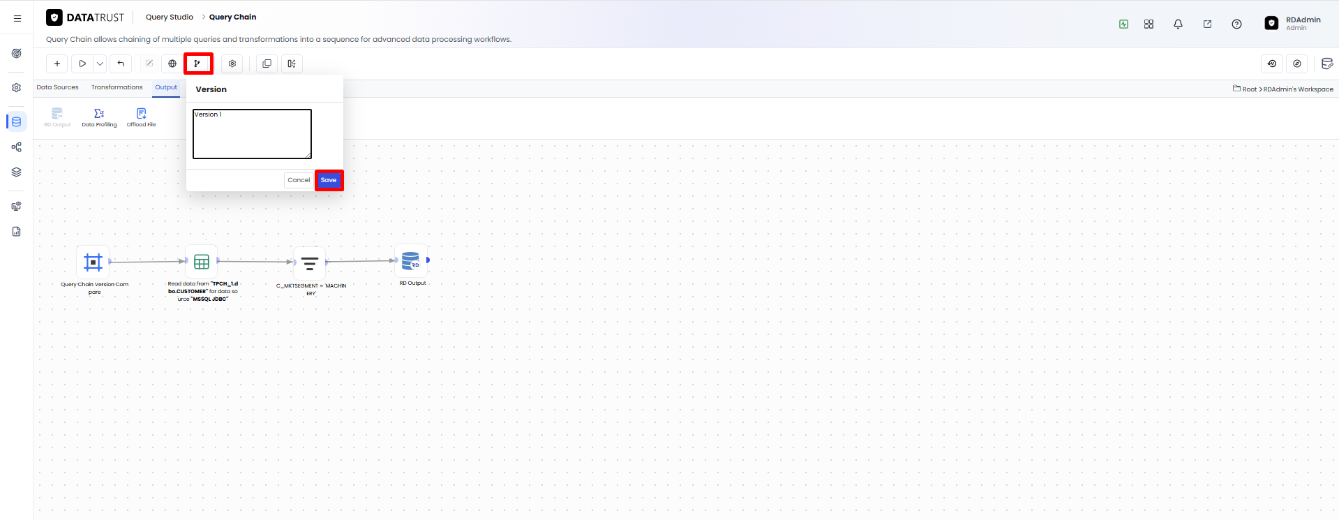 Saving the current configuration as Version 1 using the Version Save button.