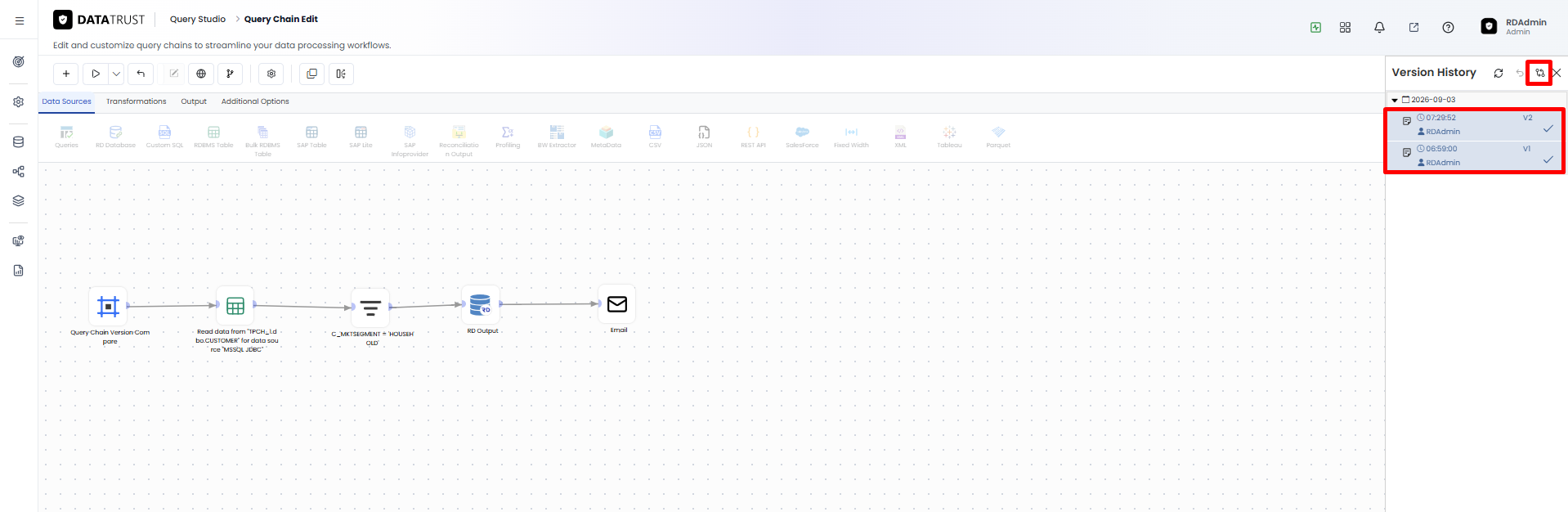 Selecting versions V1 and V2 and clicking Version Compare to compare them.