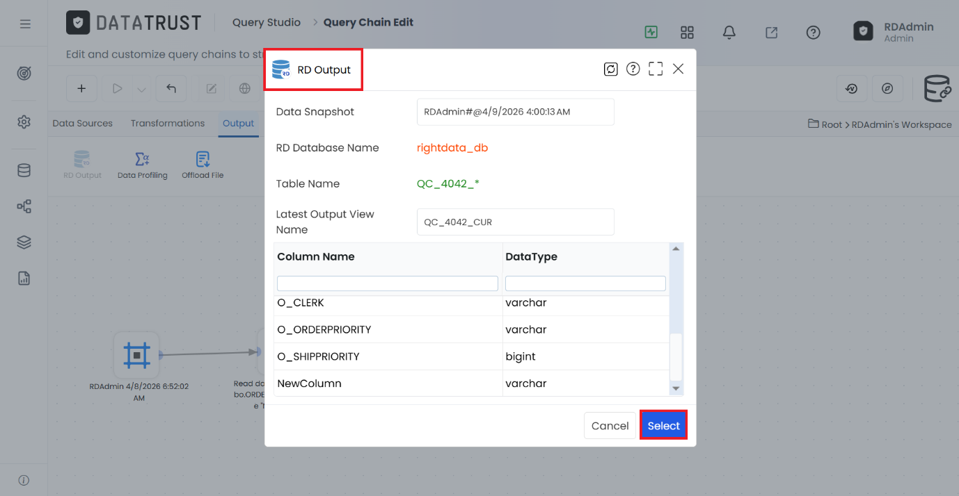 The RD Output configuration pop-up, setting the database, table, and output columns before clicking Select.