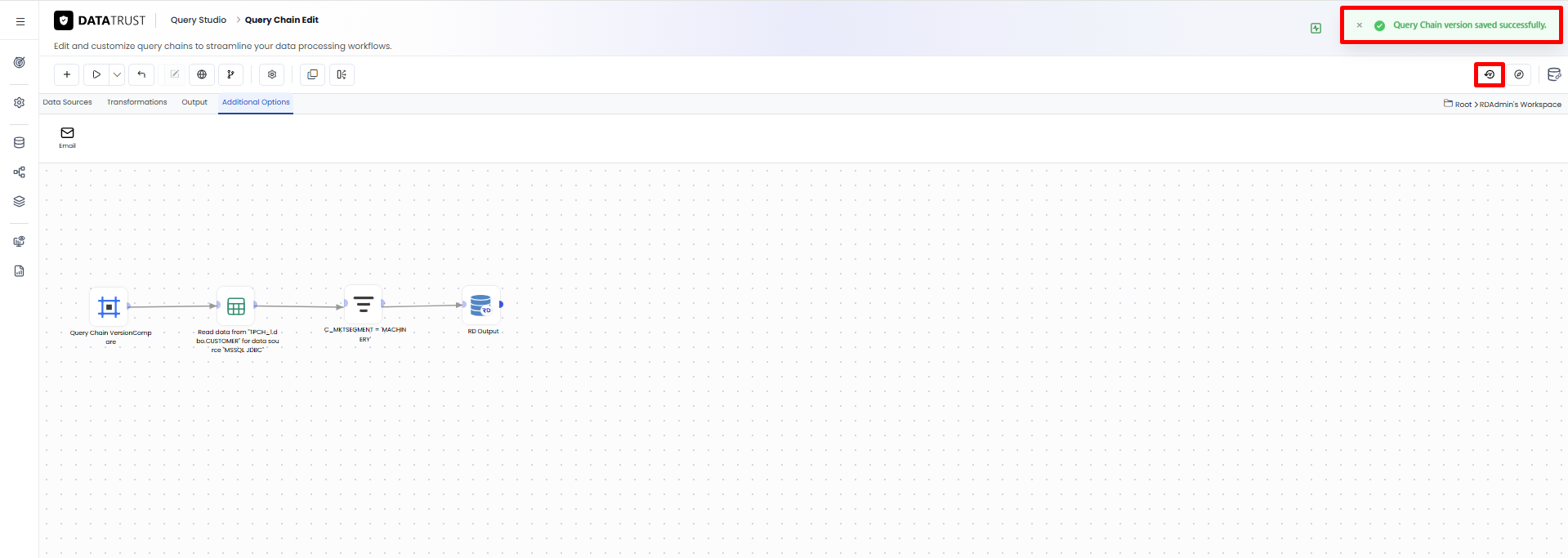 Success toast confirming the save, with the Version History button highlighted.