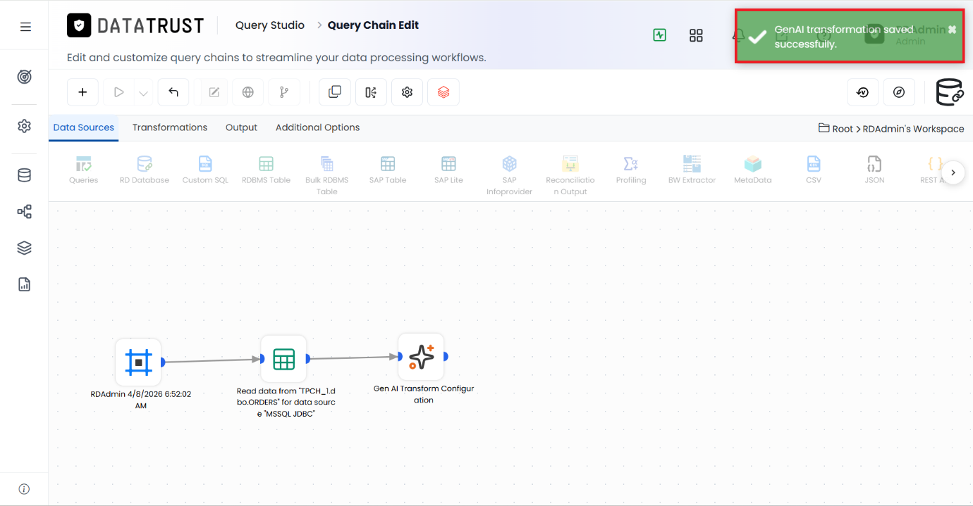 The Gen AI widget saves and closes, returning to the Query Chain session page.