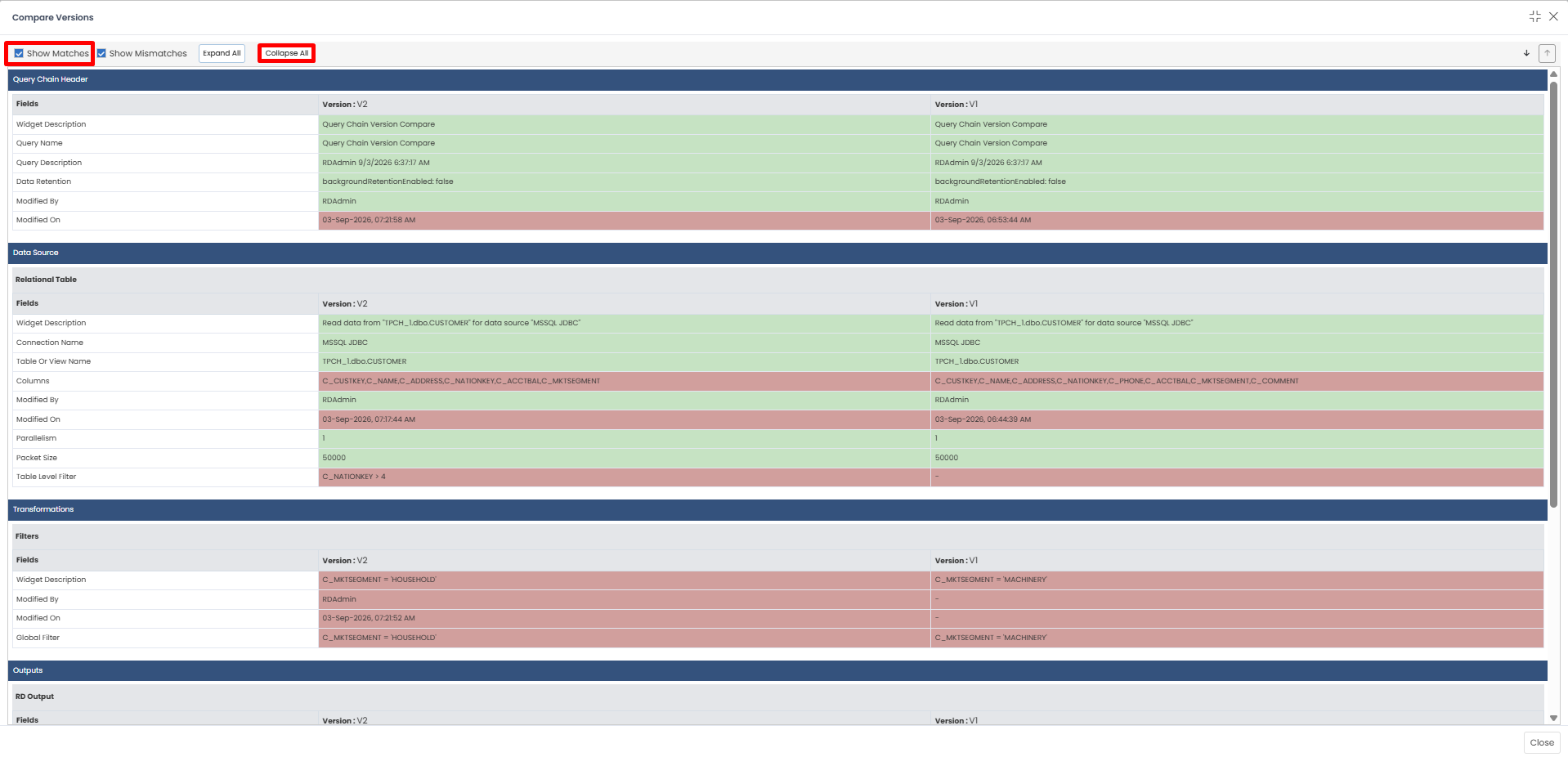 Enabling Show Matches to display matching fields in green alongside mismatches.