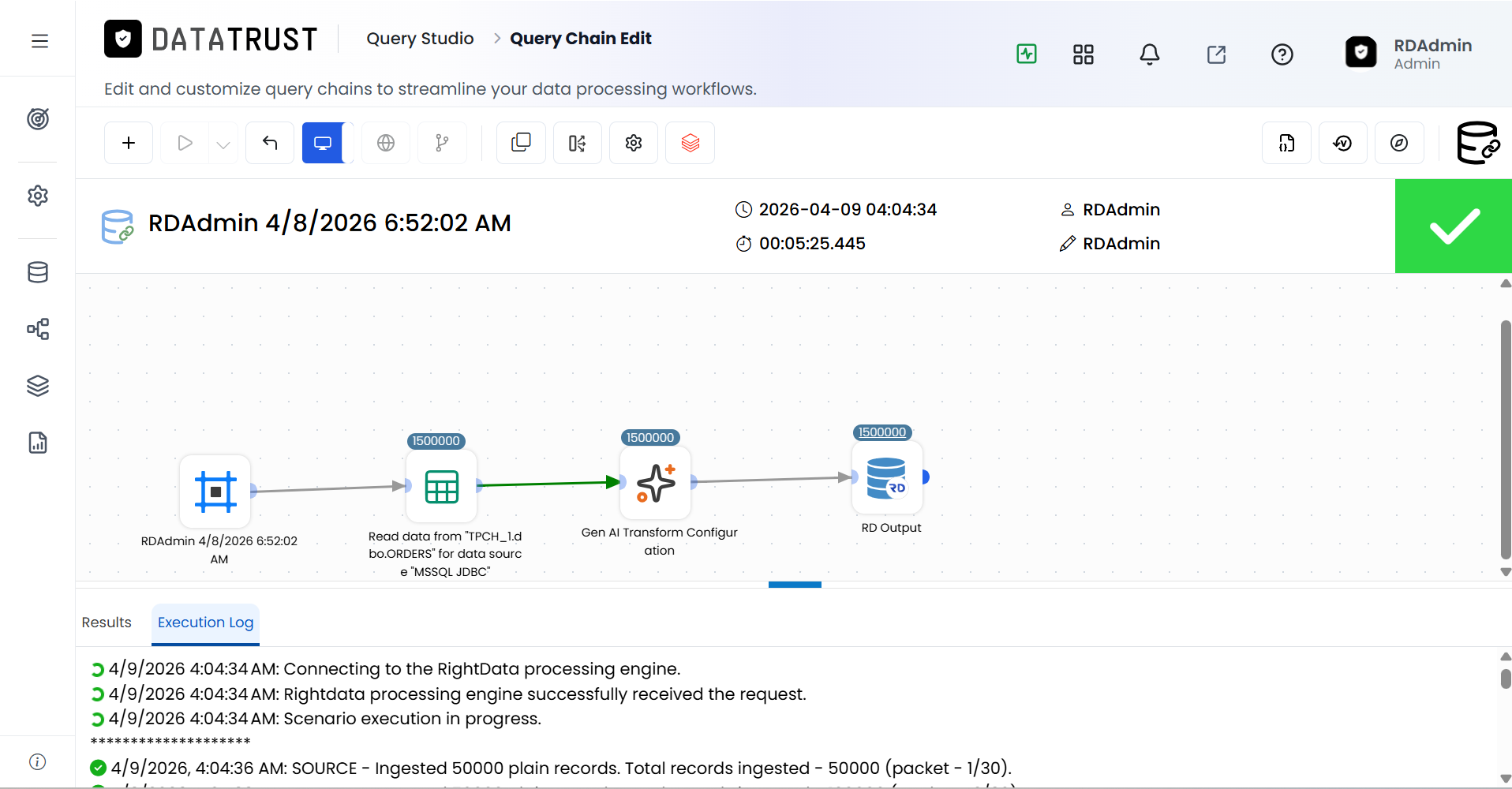 The Query Chain executing successfully in monitor mode, with a 1,500,000 record count per widget.