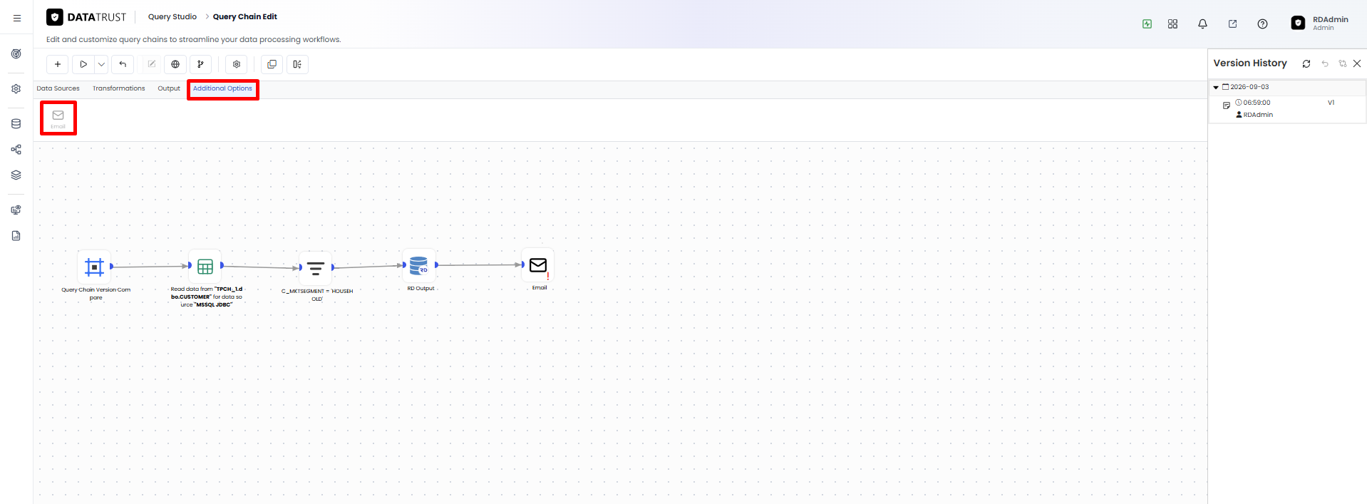 Adding an Email widget to the end of the Query Chain.