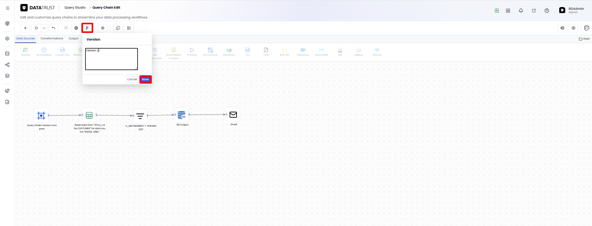 Saving the modified configuration as Version 2 using Version Save.
