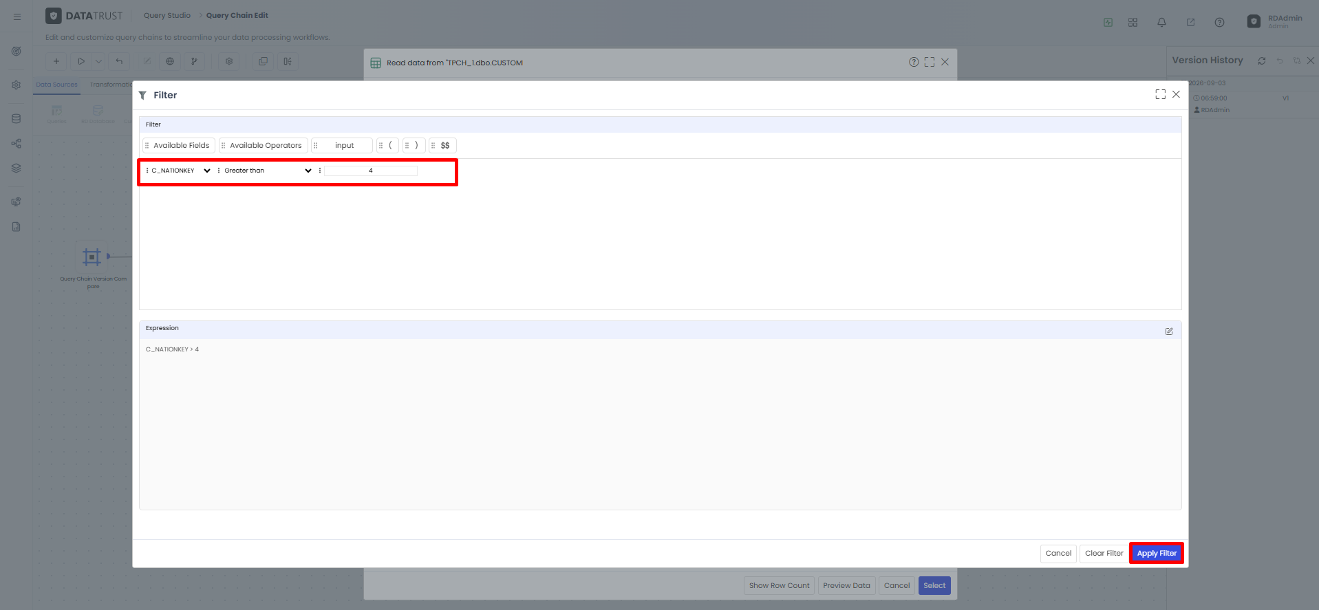 Applying a table-level filter, C_NATIONKEY greater than 4, in the Filter dialog.