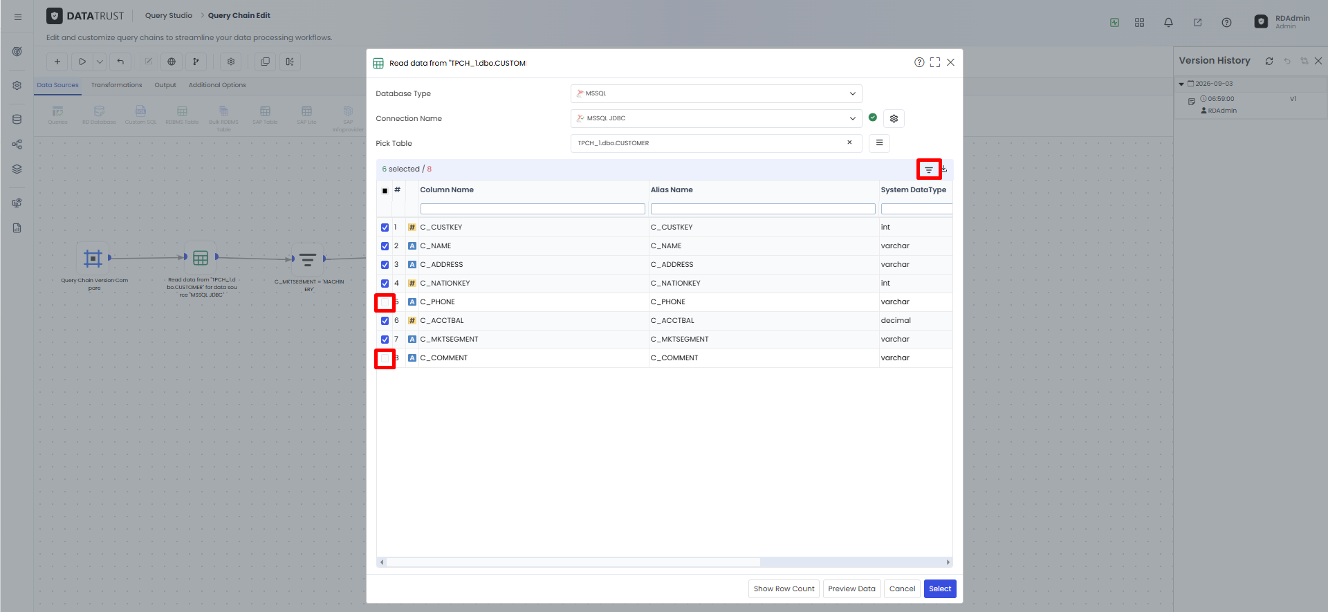 Modifying the column selection in the RDBMS widget and opening the column filter.