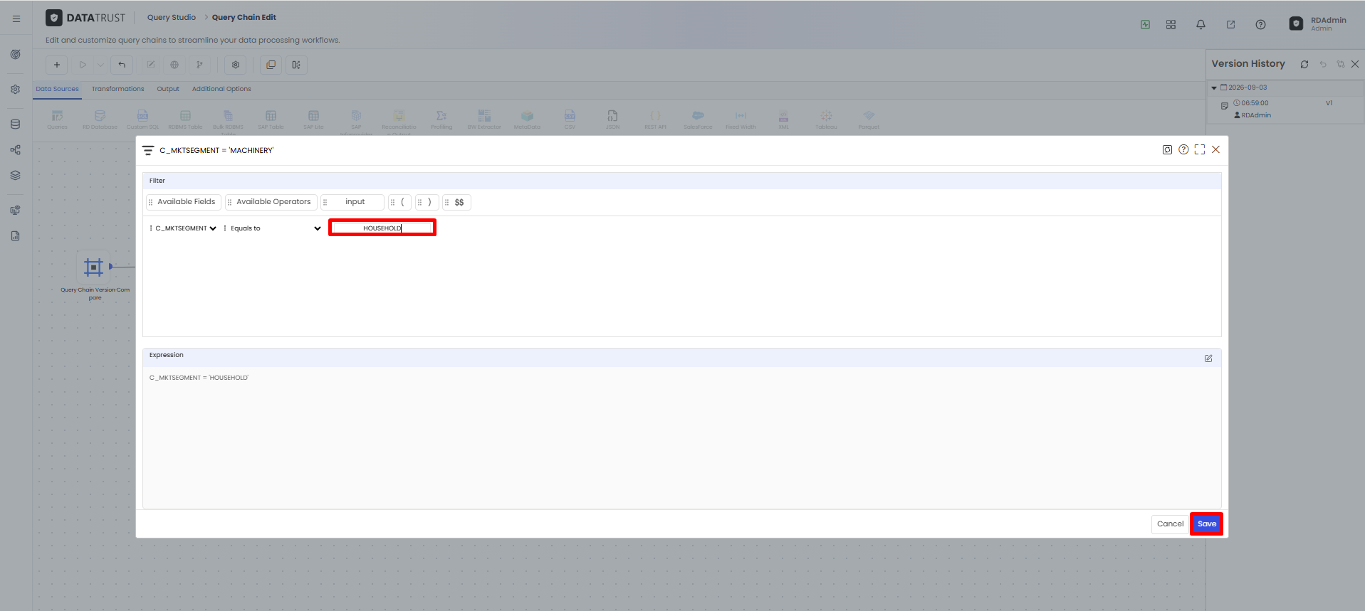 Editing the filter transformation to change C_MKTSEGMENT from MACHINERY to HOUSEHOLD.