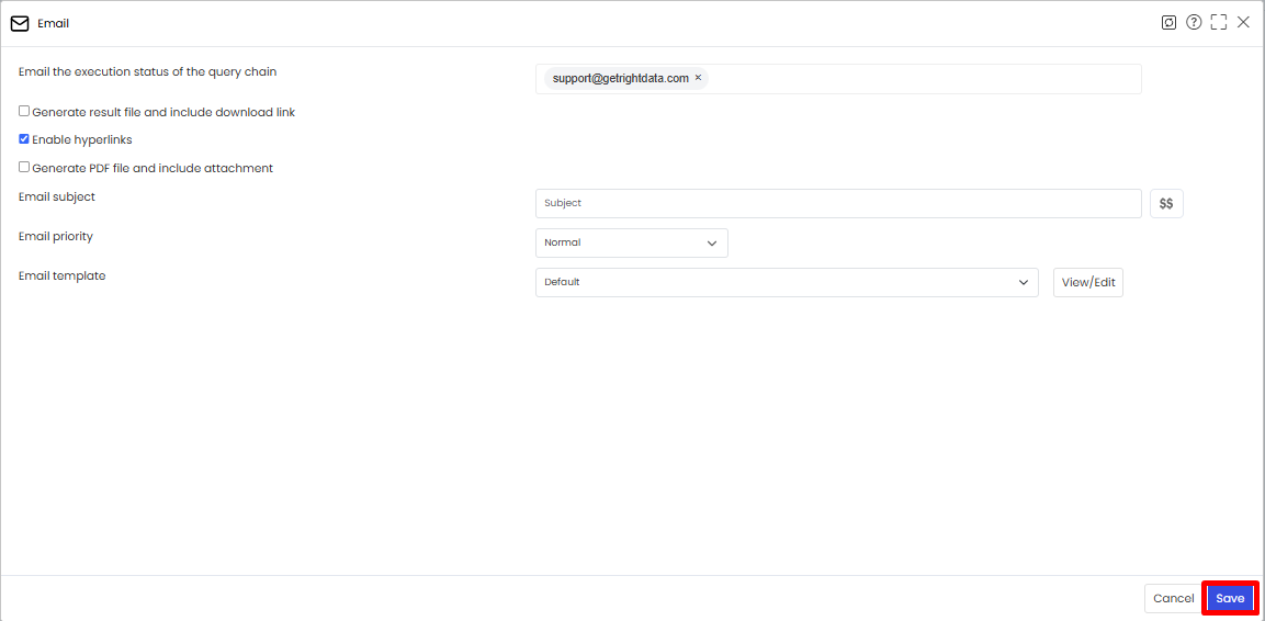 Configuring the Email widget with a recipient address and default settings.