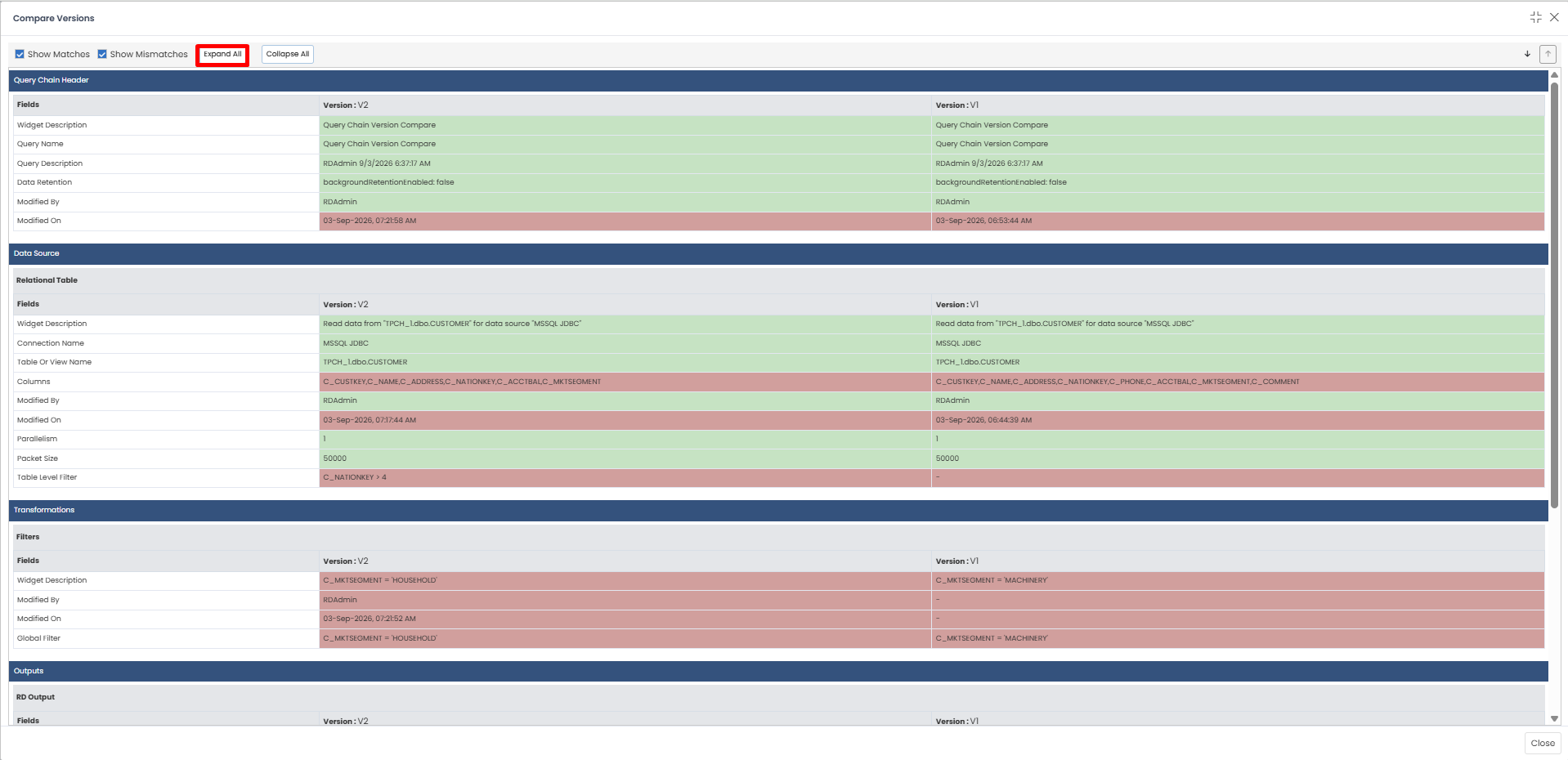Expanding all sections again to show matching and mismatched fields.