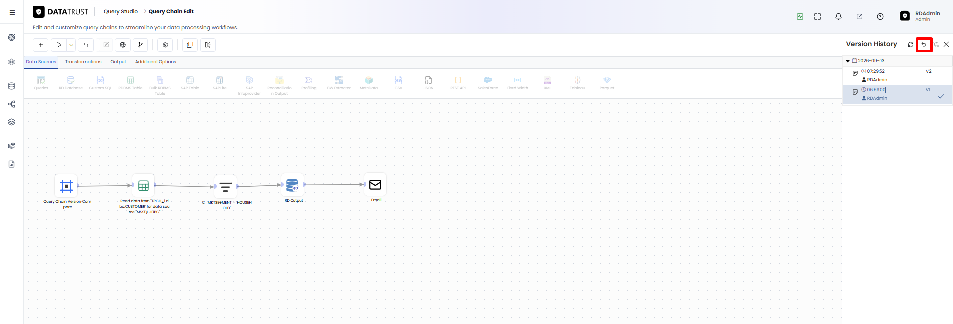 Selecting V1 in Version History and clicking Restore to revert the chain.
