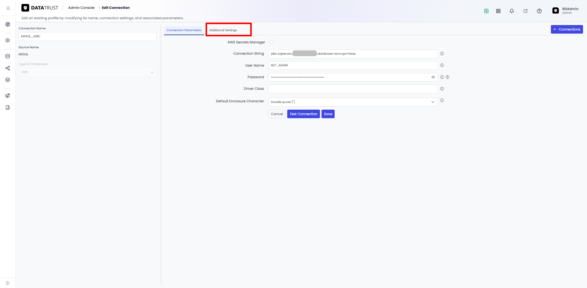 Opening the Additional Settings tab of the MSSQL_JDBC connection to reach query-level tuning options.