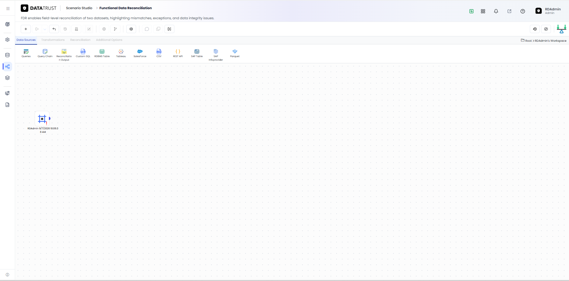 Opening Scenario Studio's Functional Data Reconciliation with an empty canvas to build the test scenario.
