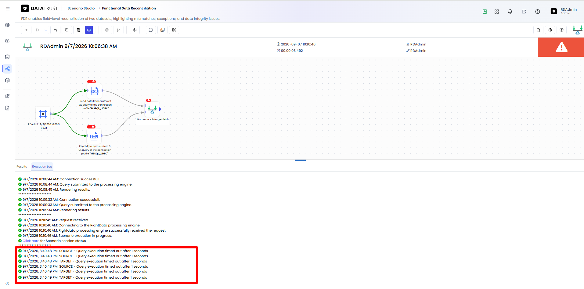 Executing the scenario, whose Execution Log confirms both queries timed out, enforcing the timeout.