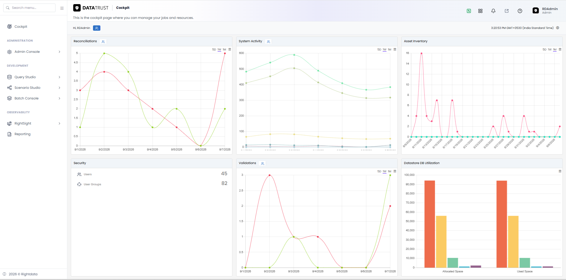 The expanded navigation panel listing DataTrust's Administration, Development, and Observability modules.