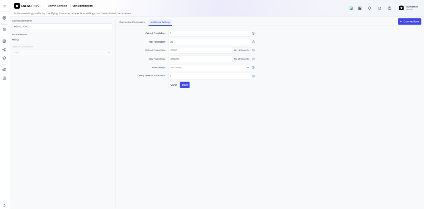 The Additional Settings page for MSSQL_JDBC, showing the Query Timeout In Seconds option.