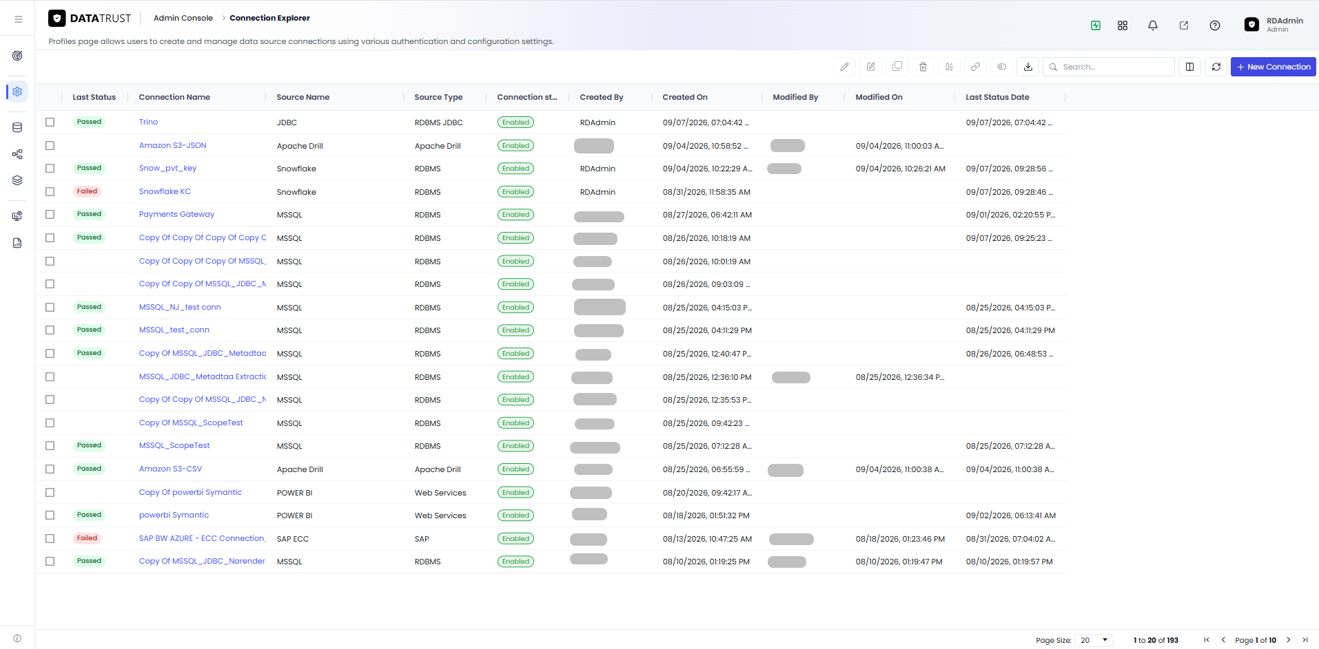 The Connection Explorer page listing configured connection profiles, including MSSQL profiles for the timeout test.