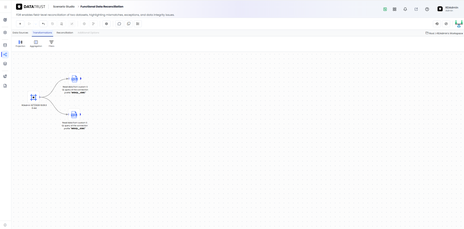 Configuring the source and target Custom SQL widgets to query the MSSQL_JDBC connection profile.