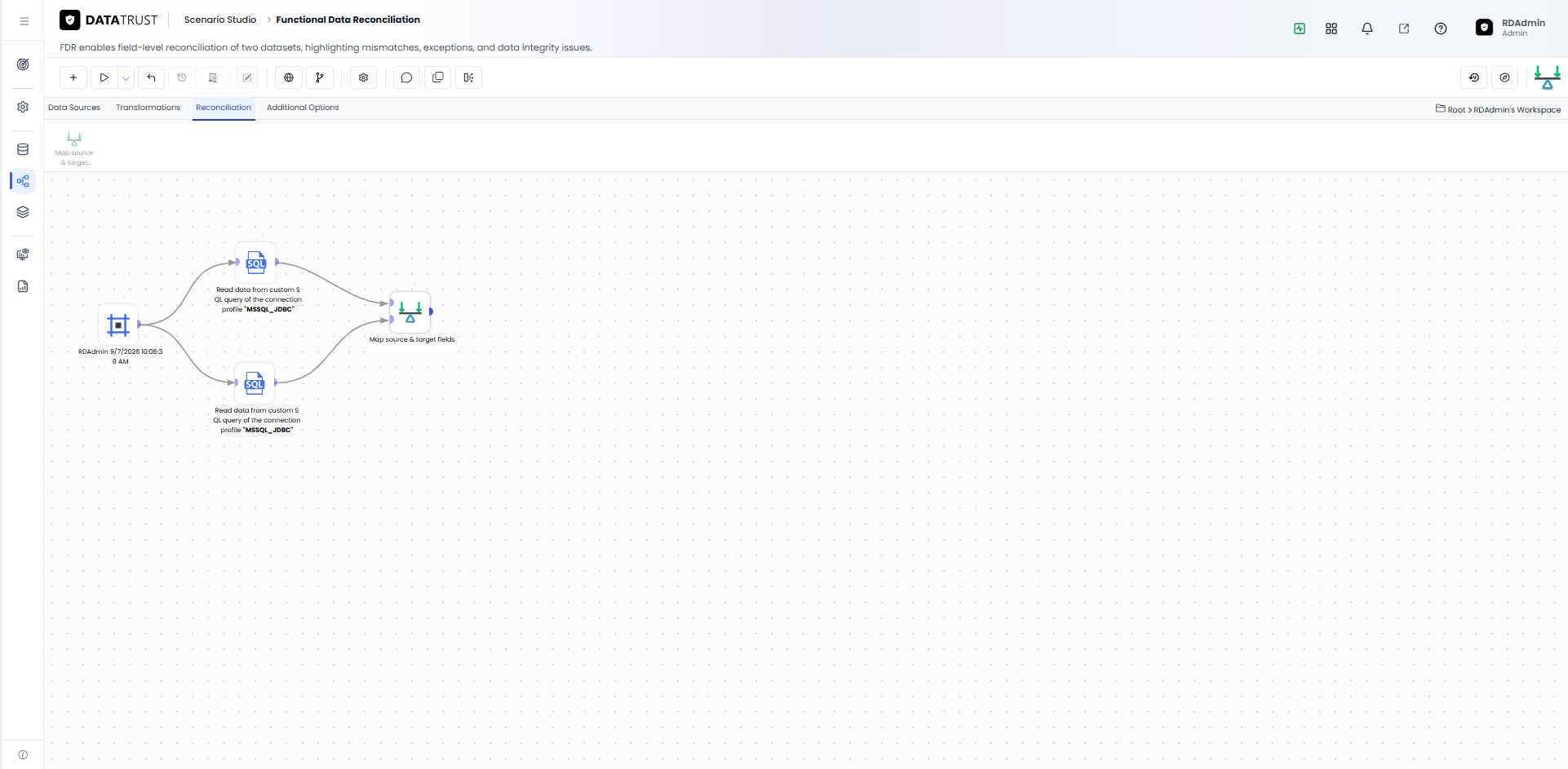Adding the Map & Recon widget and wiring it to the two Custom SQL nodes.