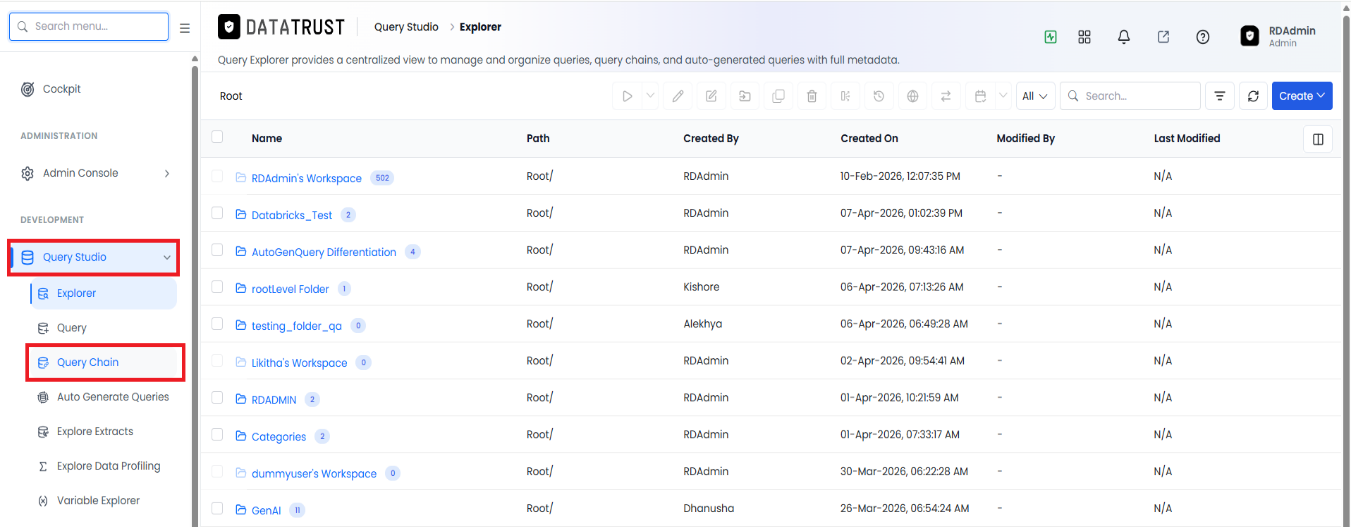 Opening the Query Chain builder from Query Studio in the DataTrust Query Explorer.
