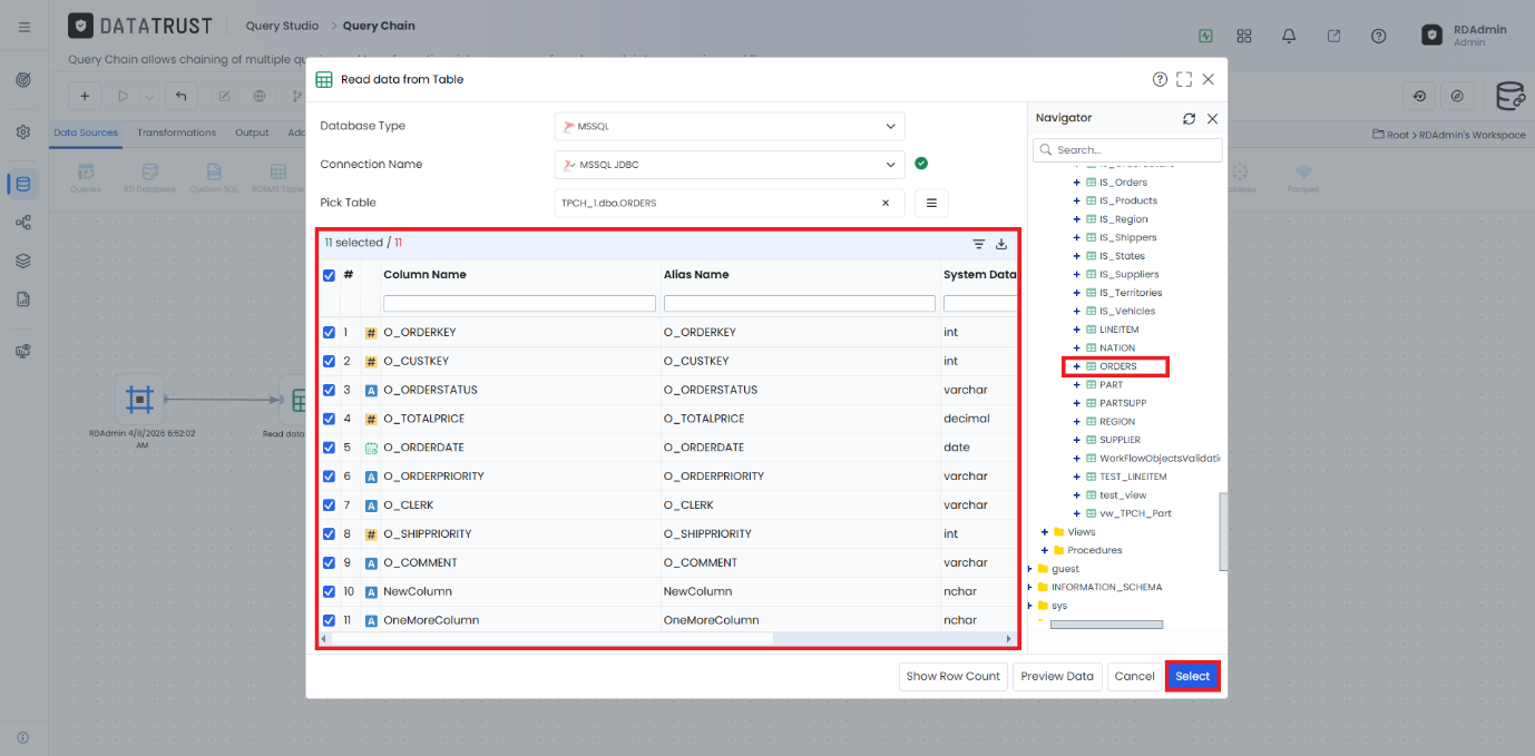 Selecting the ORDERS table in the Navigator panel populates Pick Table with its 11 columns.