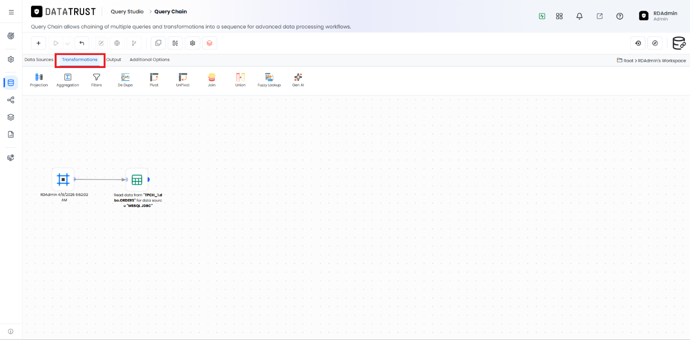 After saving the RDBMS widget, opening the Transformations tab which includes the Gen AI option.