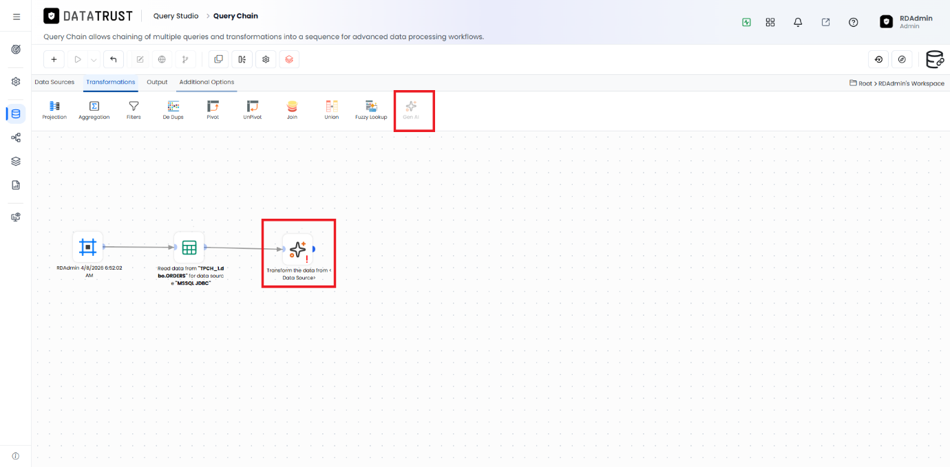 Dragging the Gen AI widget onto the canvas adds a transform node after the RDBMS widget.