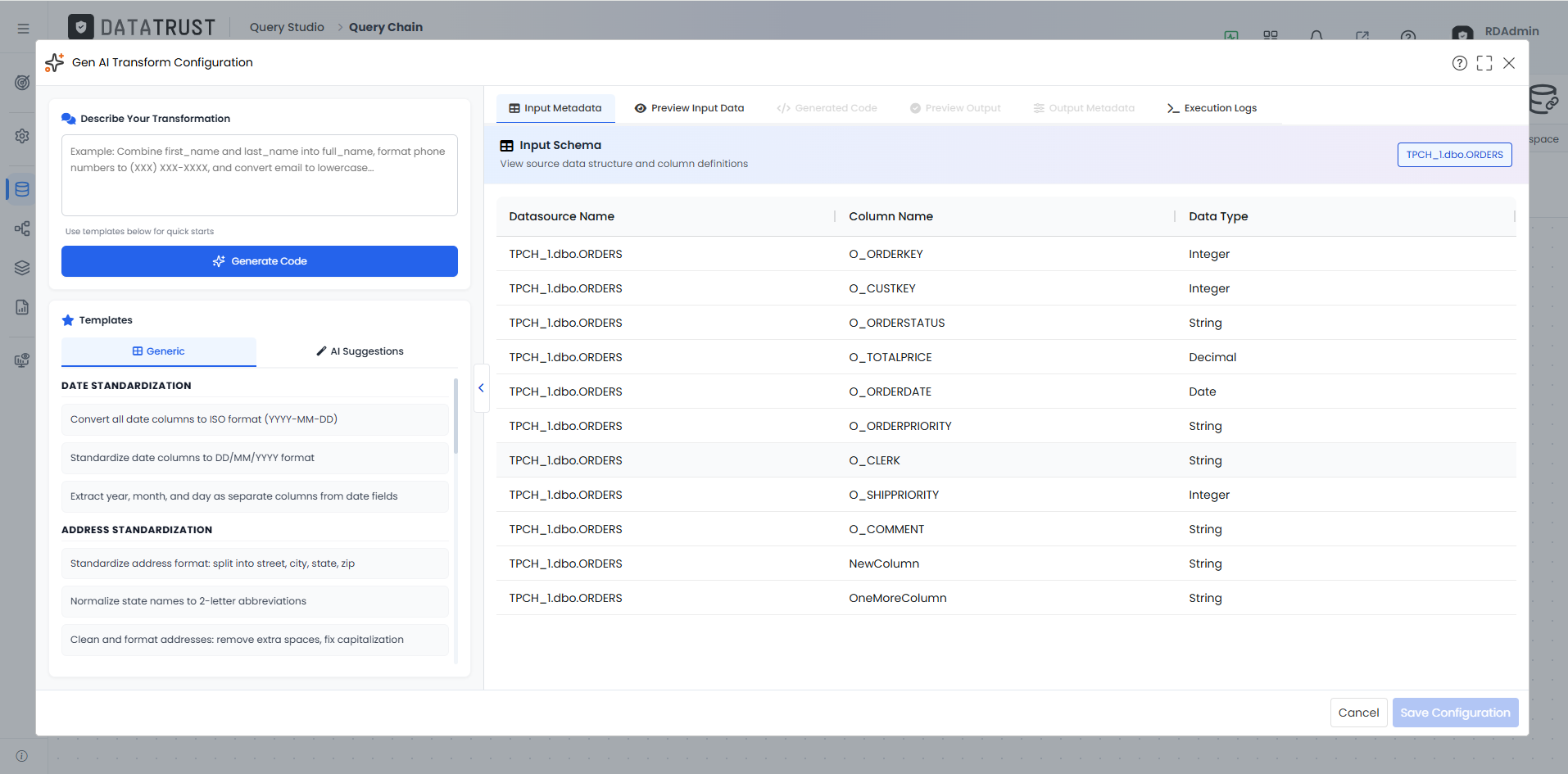 Opening the Gen AI Transform Configuration pop-up, defaulting to the Input Metadata tab with generic templates.