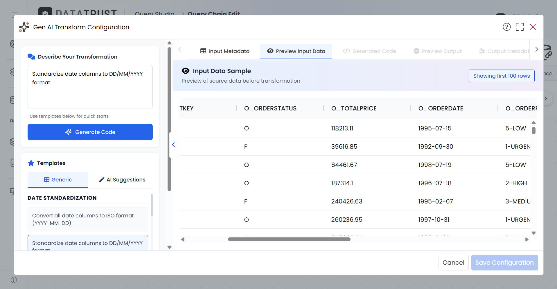 Selecting the generic 'Standardize date columns to DD/MM/YYYY format' prompt populates the Describe Your Transformation 