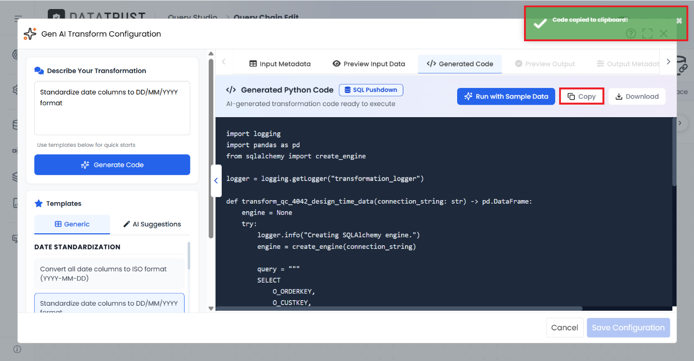 Clicking Copy on the Generated Code tab copies the Python code to the clipboard.