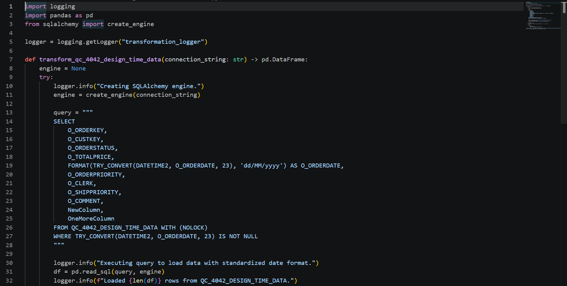 The downloaded code opened in an editor, showing the date-formatting SELECT statement it generated.