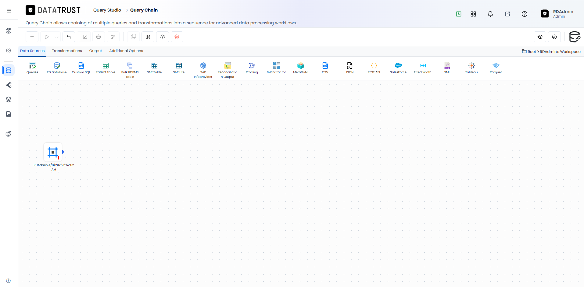 New Query Chain session on the Data Sources tab with an empty canvas.