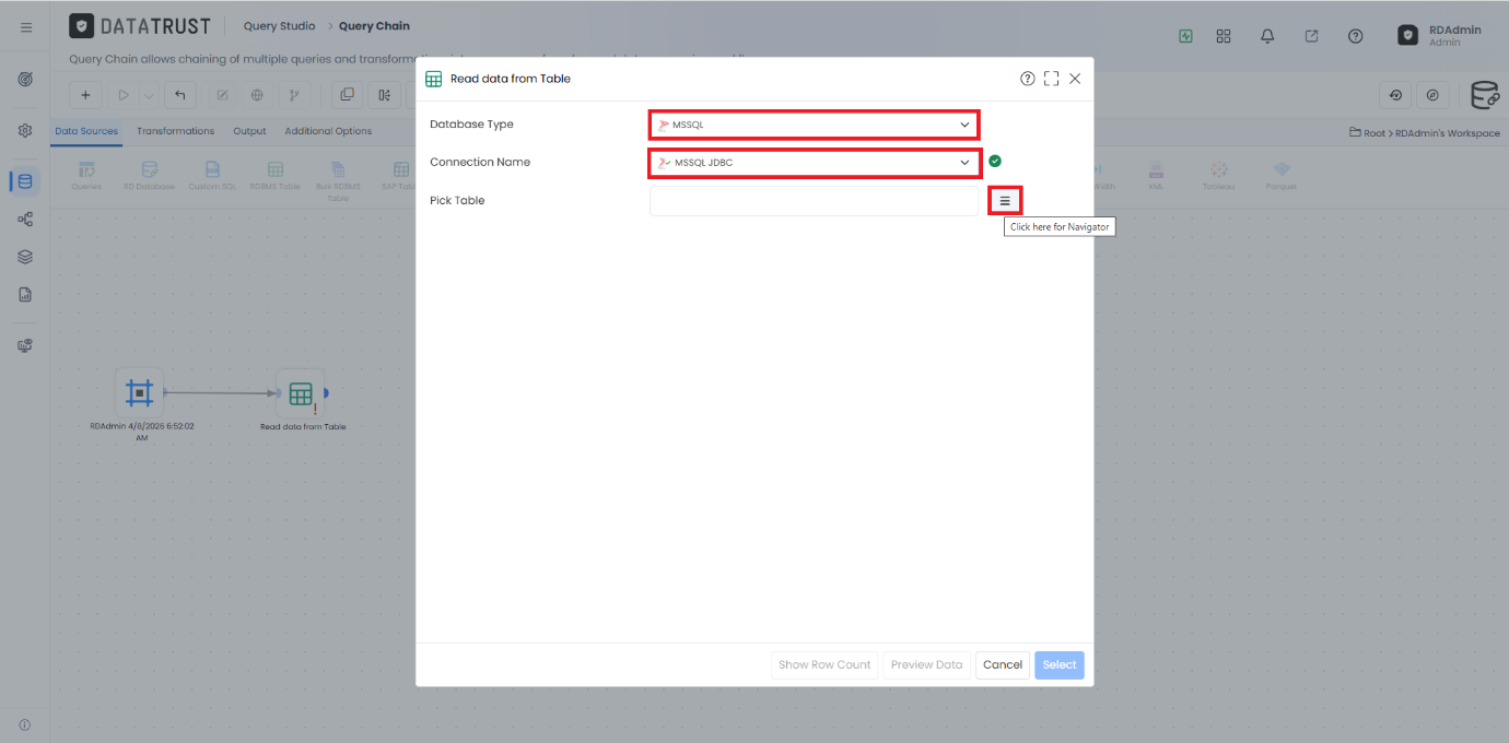 Selecting MSSQL as Database Type and MSSQL JDBC as Connection Name, then opening the table navigator.