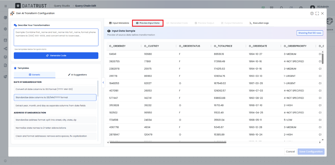 The Preview Input Data tab showing a 100-row sample of the source ORDERS data.